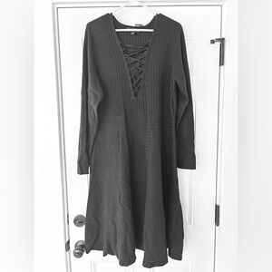 Lane Bryant ribbed knit black long sleeve midi dress w/ corset tie neckline NWT